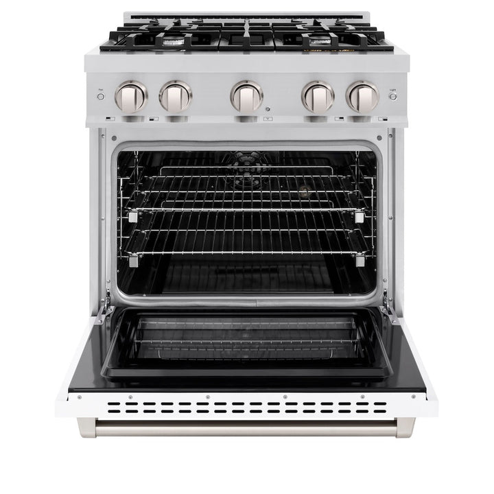 ZLINE 30 in. 4.2 cu. ft. Select Dual Fuel Range with 4 Burner Gas Cooktop and Electric Convection Oven in Satin Stainless Steel with White Matte Door, Open Box-Excellent Condition