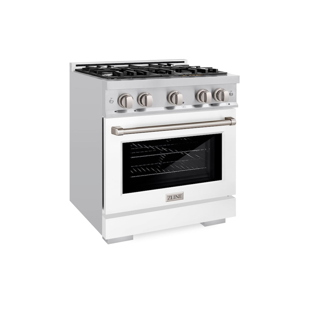 ZLINE 30 in. 4.2 cu. ft. Select Dual Fuel Range with 4 Burner Gas Cooktop and Electric Convection Oven in Satin Stainless Steel with White Matte Door, Open Box-Excellent Condition