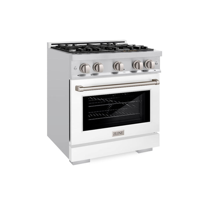 ZLINE 30 in. 4.2 cu. ft. Select Dual Fuel Range with 4 Burner Gas Cooktop and Electric Convection Oven in Satin Stainless Steel with White Matte Door, Open Box-Excellent Condition