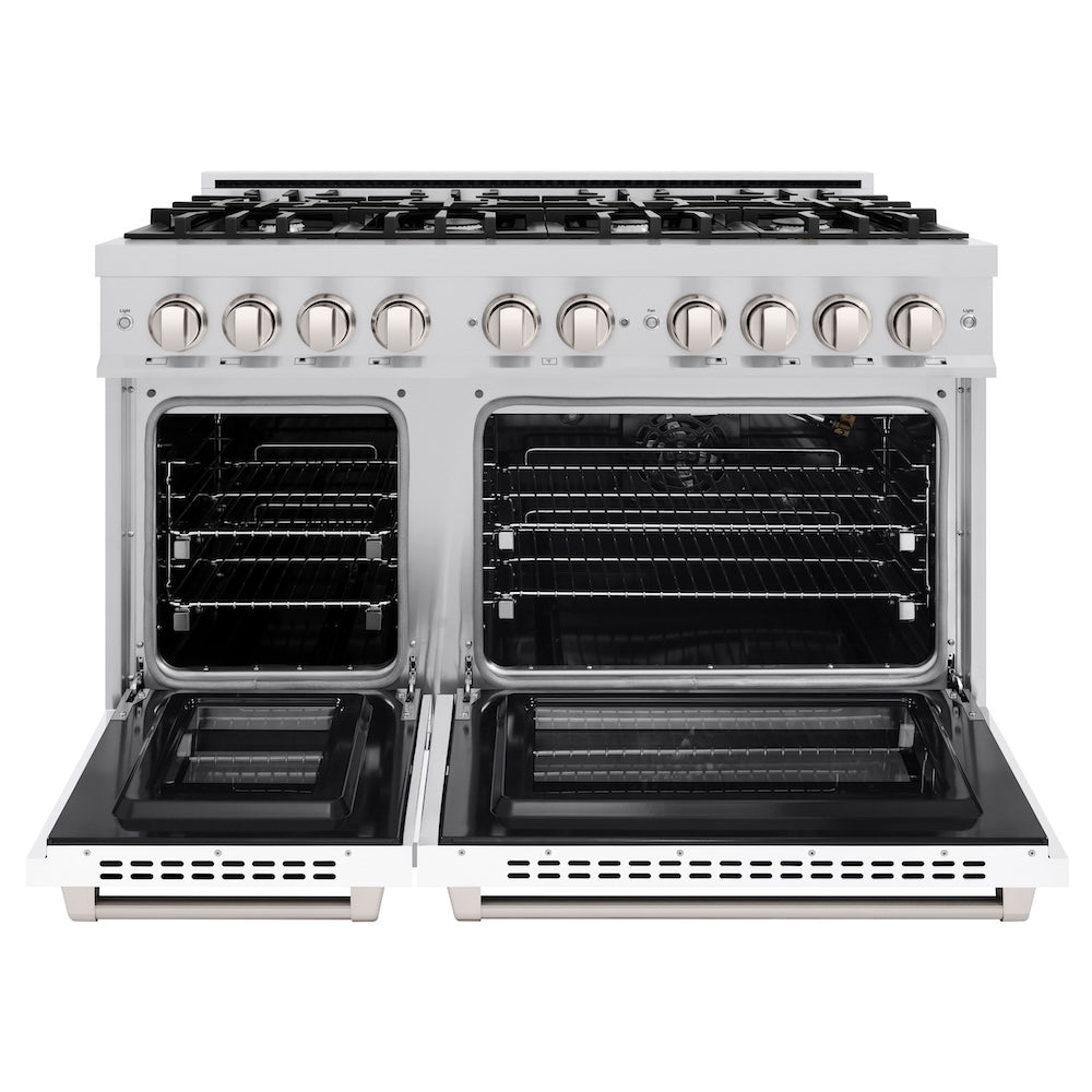 ZLINE 48 in. 6.7 cu. ft. Select Double Oven Gas Range with 8 Burner Cooktop in Stainless Steel with White Matte Doors, Open Box-Excellent Condition