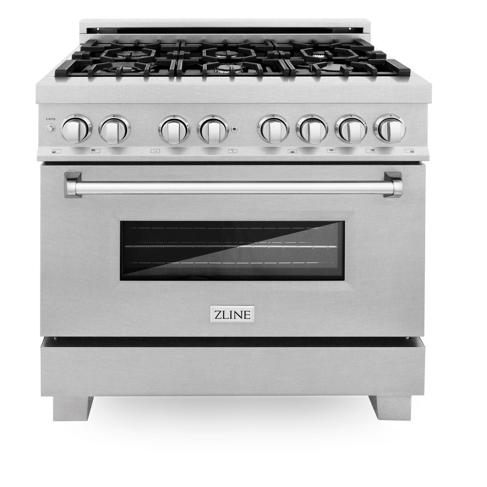 ZLINE 36 in. Kitchen Package with Satin Stainless Dual Fuel Range, Ducted Vent Range Hood and Tall Tub Dishwasher (3KP-RASRH36-DWV)