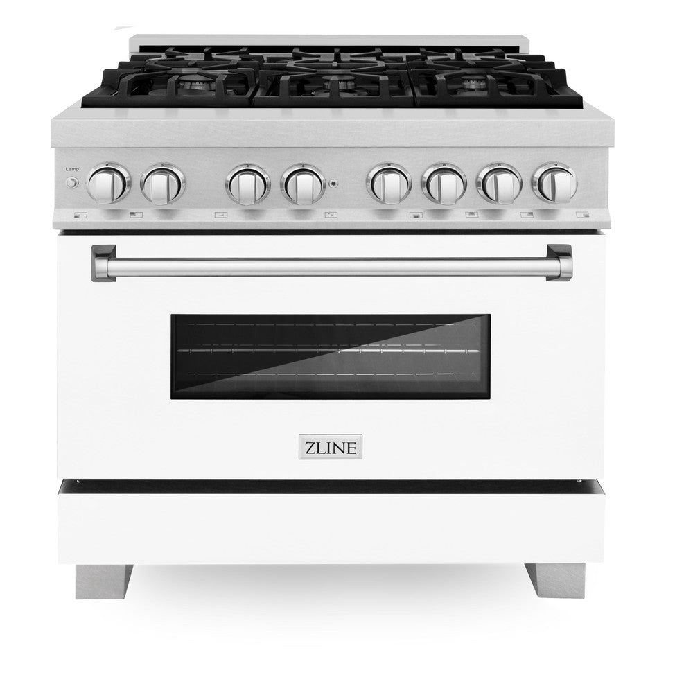 ZLINE 36 in. Kitchen Package with Satin Stainless Steel Dual Fuel Range with White Matte Door and Convertible Vent Range Hood (2KP-RASWMRH36)