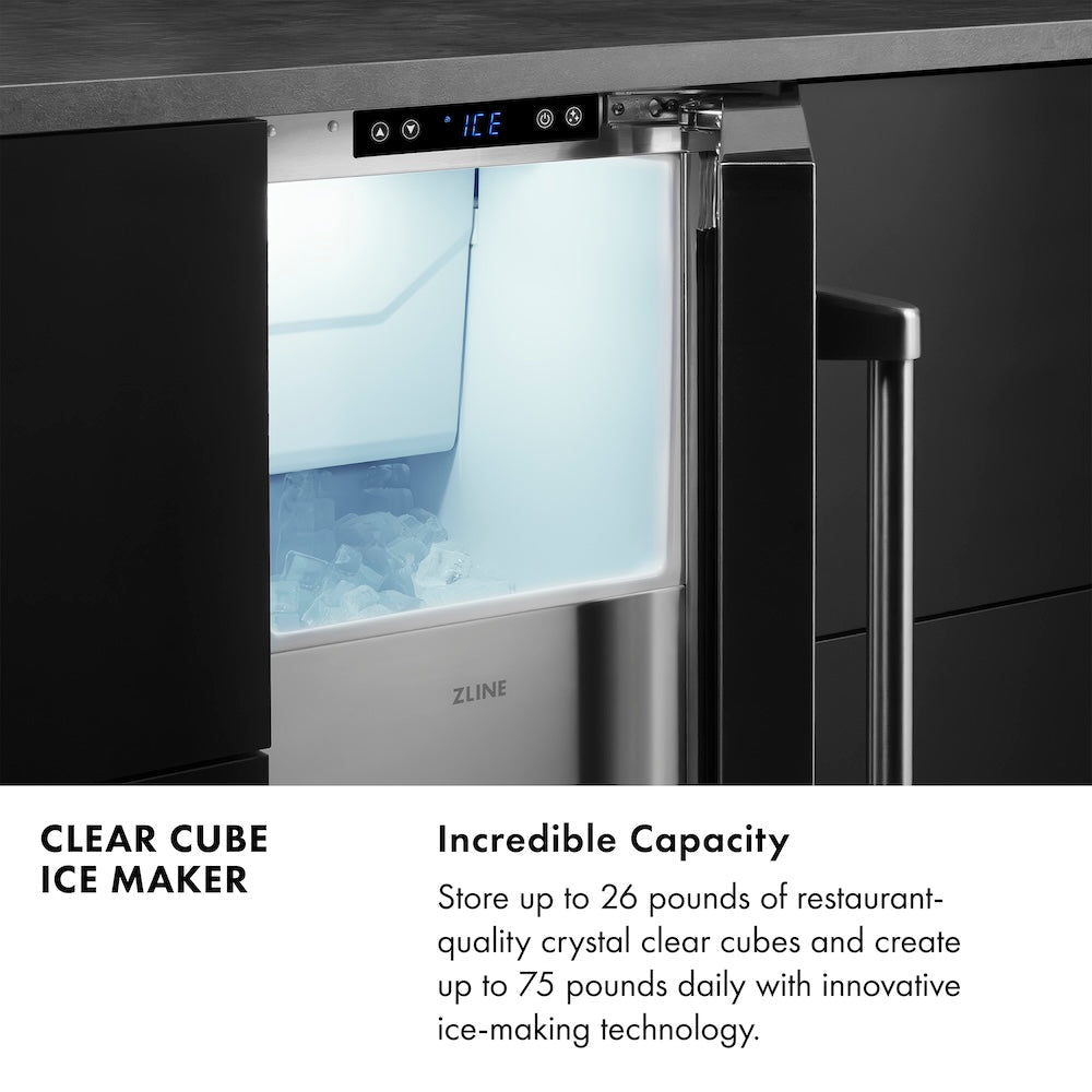 ZLINE 15 in. Touchstone Clear Cube Ice Maker with Drain Pump and Solid Stainless Steel Door, Open Box-Excellent Condition