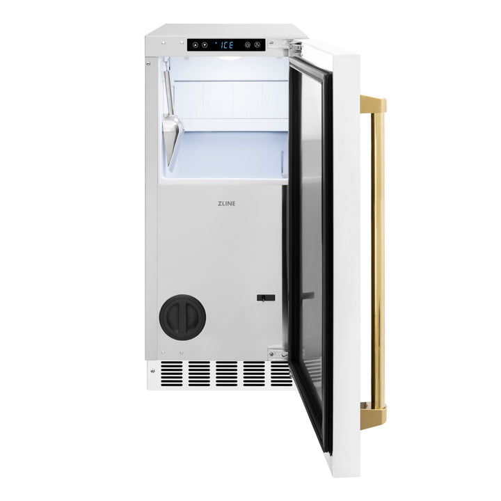 ZLINE Autograph Edition 15 in. Touchstone Gourmet Ice Maker with Drain Pump and White Matte Door with Polished Gold Handle (IGMDZ-WM-15-G)