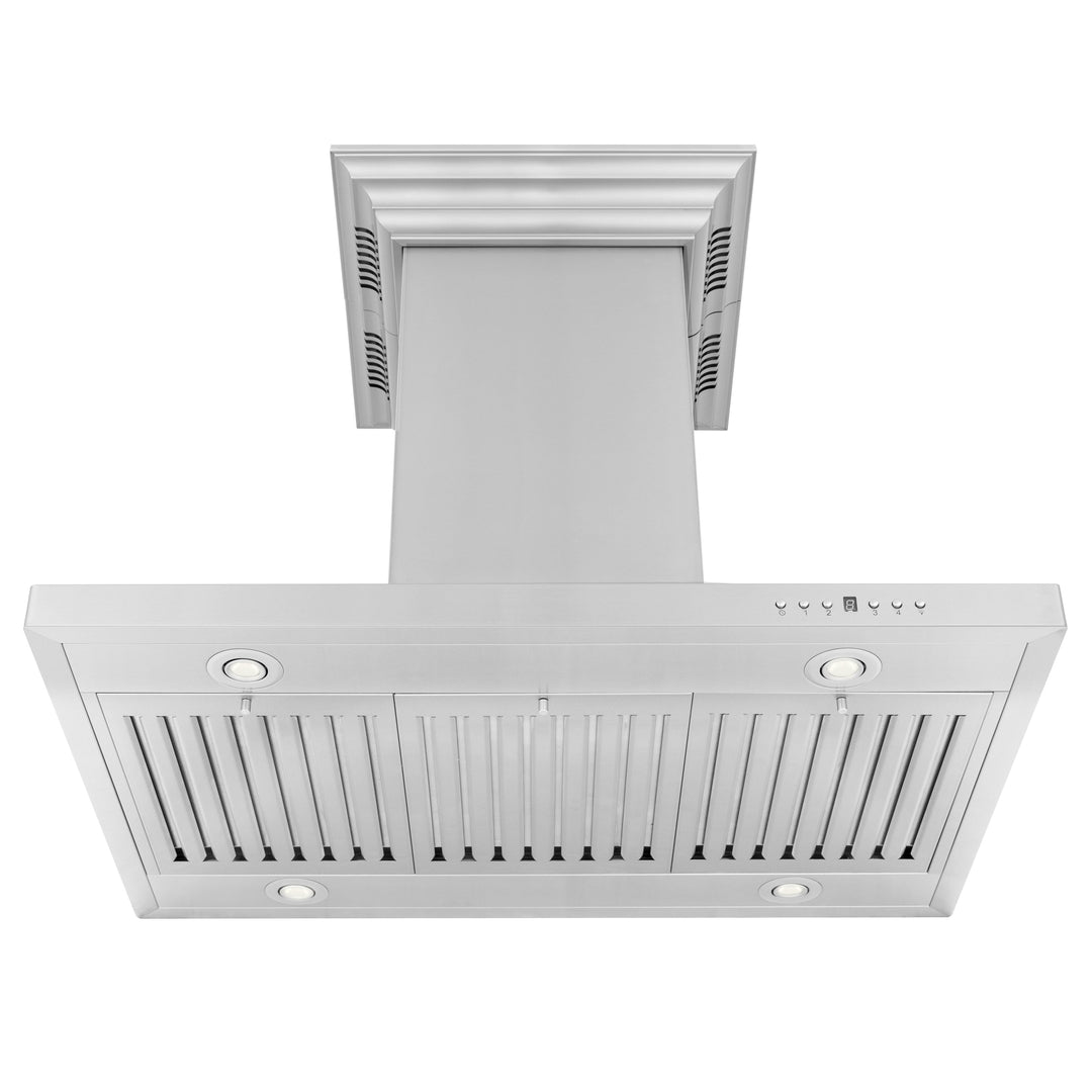 36" ZLINE CrownSound™Ducted Vent Island Mount Range Hood in Stainless Steel with Built-in Bluetooth Speakers (GL2iCRN-BT-36)