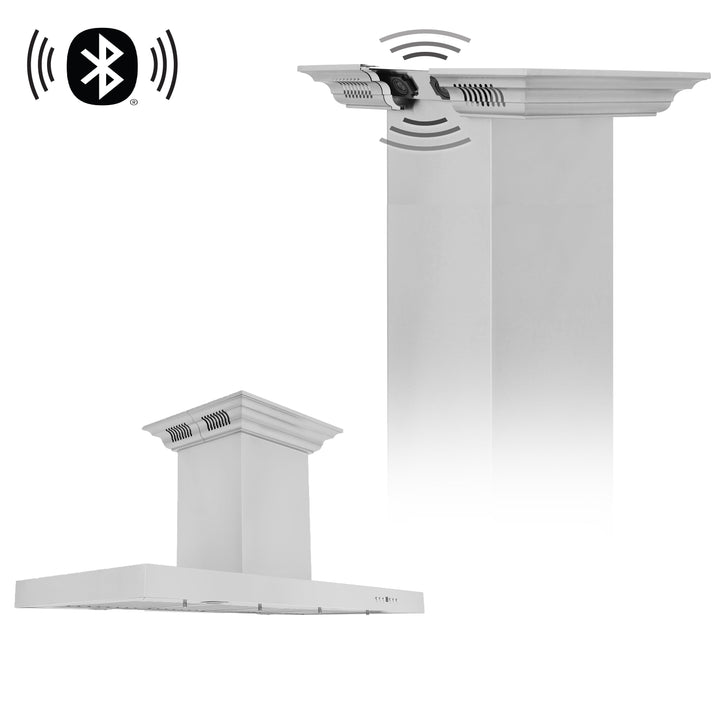 36" ZLINE CrownSound™Ducted Vent Island Mount Range Hood in Stainless Steel with Built-in Bluetooth Speakers (KE2iCRN-BT-36)