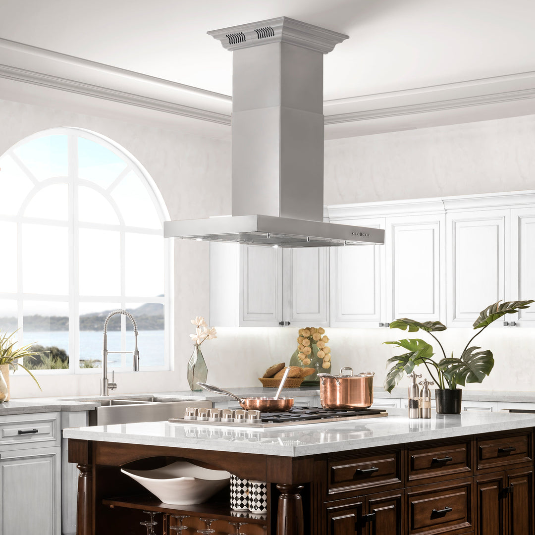 36" ZLINE CrownSound™Ducted Vent Island Mount Range Hood in Stainless Steel with Built-in Bluetooth Speakers (KE2iCRN-BT-36)