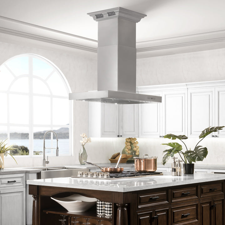 ZLINE 30" CrownSound Island Mount Range Hood in Stainless Steel with Built-in Speakers, KE2iCRN-BT-30