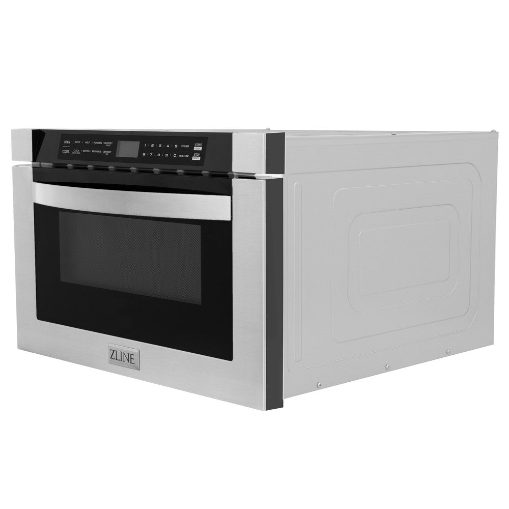 ZLINE Kitchen Package with Refrigerator, 36 in. Stainless Steel Gas Range, 36 in. Range Hood, Microwave Drawer, 24 in. Tall Tub Dishwasher and Wine Cooler (6KPR-SGRRH36-MWDWV-RWV)
