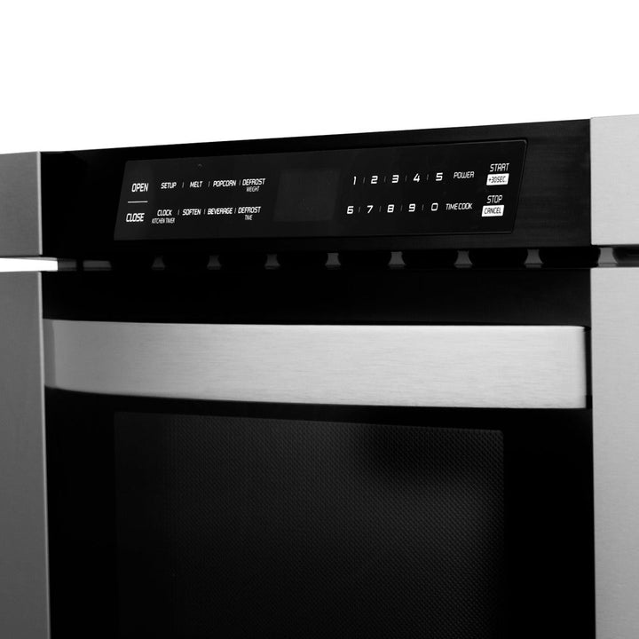 ZLINE Kitchen Package with Refrigerator, 48 in. Stainless Steel Dual Fuel Range, 48 in. Convertible Vent Range Hood, 24 in. Microwave Drawer, and 24 in. Tall Tub Dishwasher (5KPR-RARH48-MWDWV)