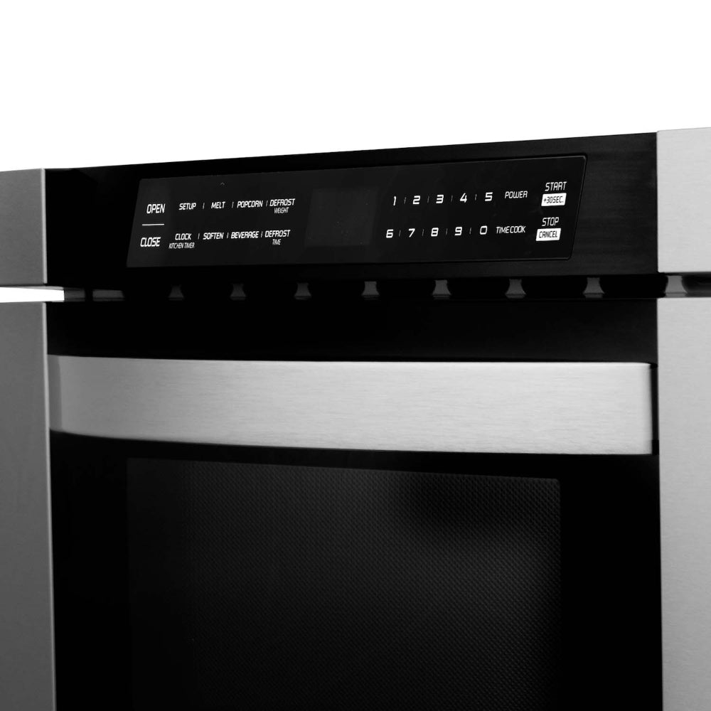 ZLINE Kitchen Package with Refrigerator, 30 in. Stainless Steel Gas Range, 30 in. Range Hood, Microwave Drawer, and 24 in. Tall Tub Dishwasher (5KPR-SGRRH30-MWDWV)