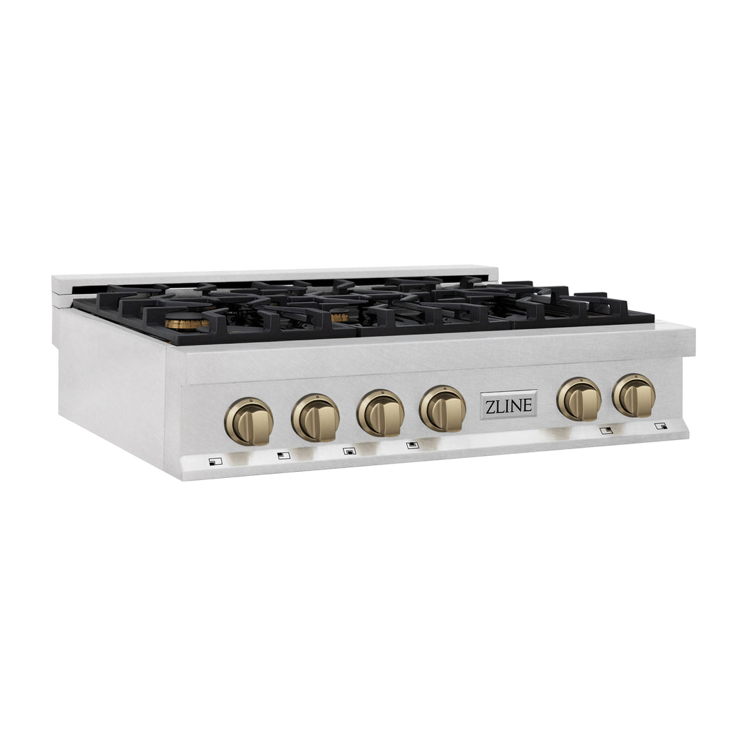 ZLINE Autograph Edition 36 In. Rangetop with 6 Gas Burners in DuraSnow® Stainless Steel and Champagne Bronze Accents, RTSZ-36-CB