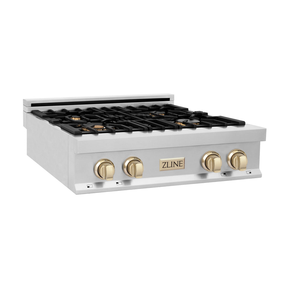 ZLINE 30" Porcelain Rangetop 4 Gas Burners Stainless Steel Gold Accent