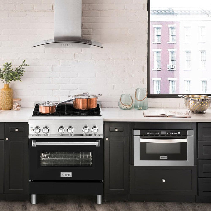 ZLINE 30 in. 4.0 cu. ft. Legacy Dual Fuel Range with 4 Burner Gas Cooktop and Electric Convection Oven in Stainless Steel and Black Matte Door (RA-BLM-30)