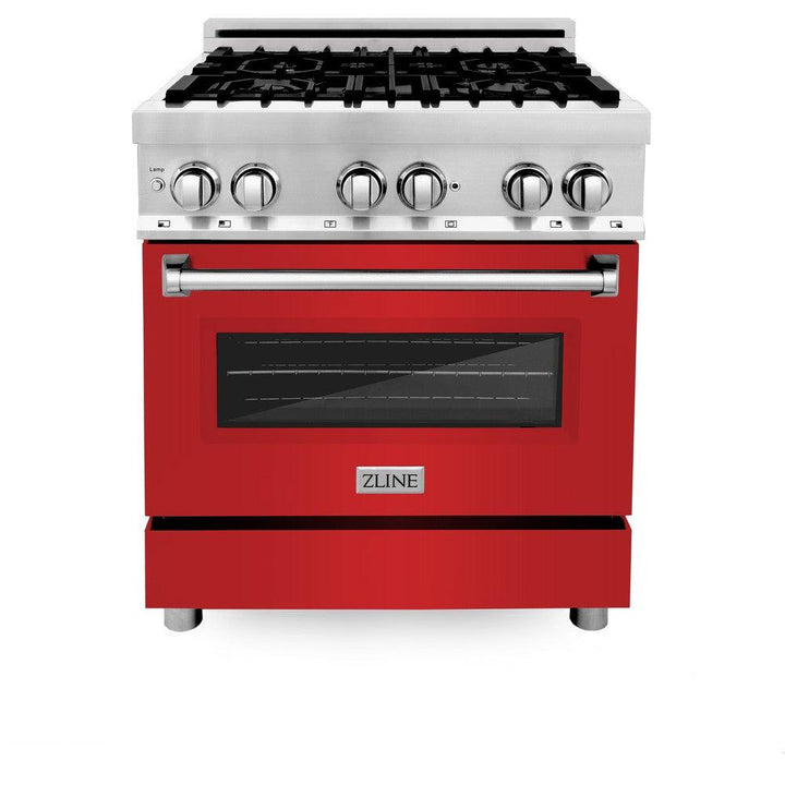 ZLINE 30 in. Kitchen Package with Stainless Steel Dual Fuel Range with Red Matte Door and Convertible Vent Range Hood (2KP-RARMRH30)
