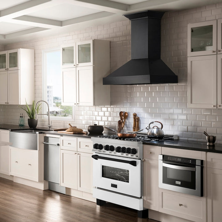 ZLINE Autograph Edition 36 in. 4.6 cu. ft. Legacy Dual Fuel Range with 6 Burner Gas Cooktop and Electric Convection Oven in Satin Stainless Steel with White Matte Door and Matte Black Accents (RASZ-WM-36-MB)