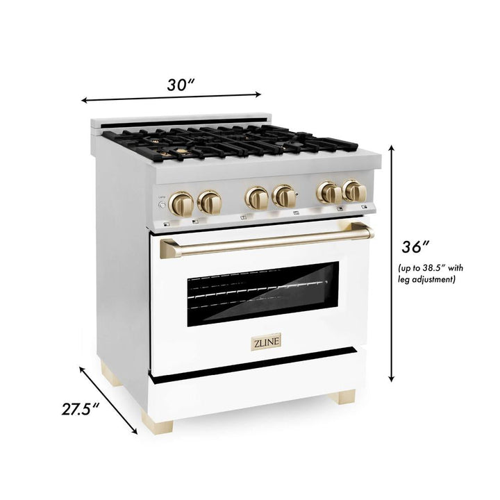 ZLINE Autograph Edition 30 in. Kitchen Package with Stainless Steel Dual Fuel Range with White Matte Door and Range Hood with Polished Gold Accents (2AKP-RAWMRH30-G)