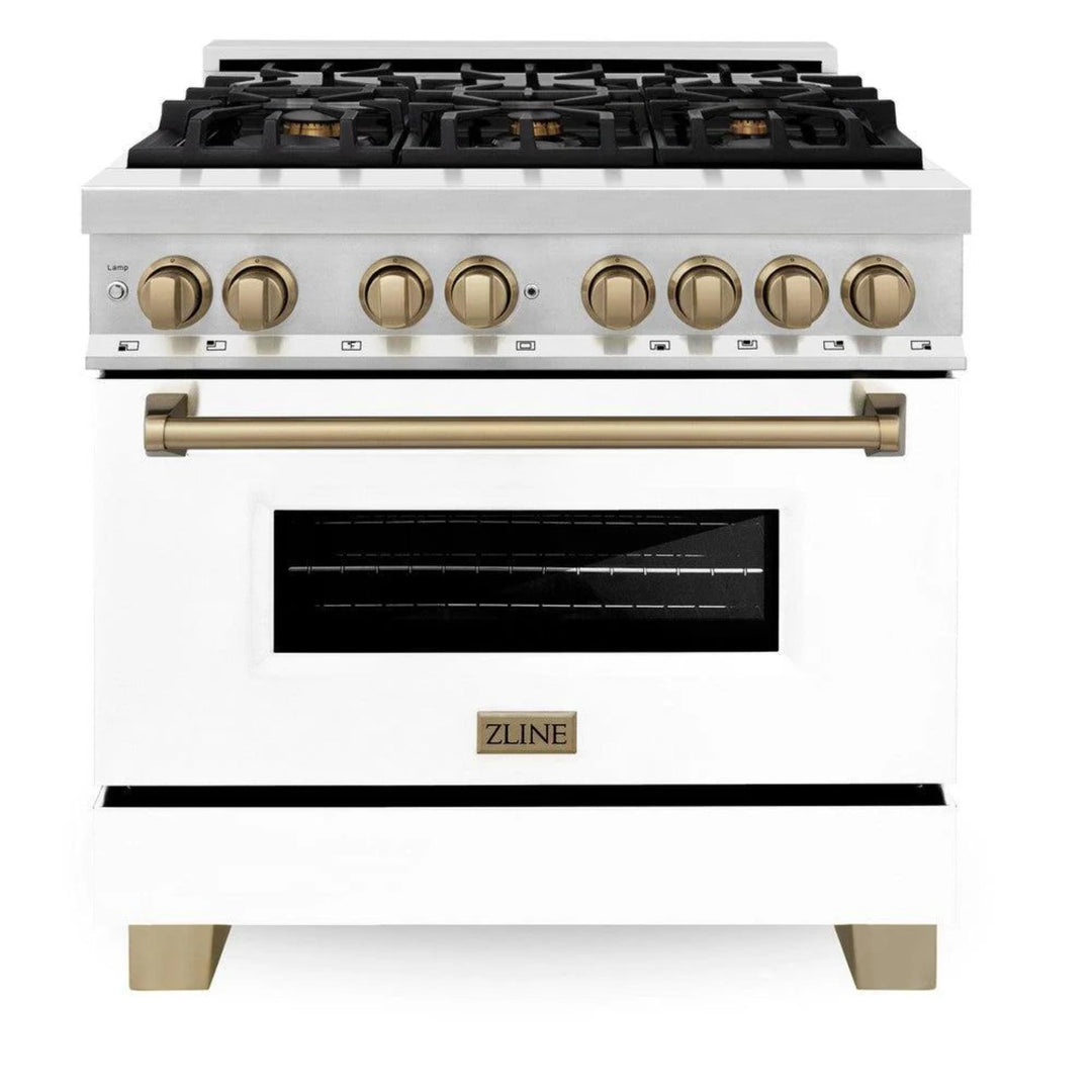 ZLINE Autograph Edition 24", 30", 36", 48", &amp; 60" Legacy Dual Fuel Range with White Matte Doors—Champagne Bronze, Polished Gold, and Matte Black Accents RAZ-WM Series.