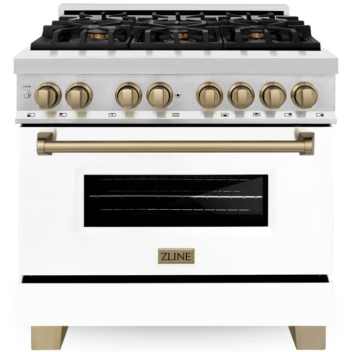 ZLINE Autograph 36" 4.6 cu. ft. Dual Fuel Range with White Matte Door and Bronze Accents, RAZ-WM-36-CB