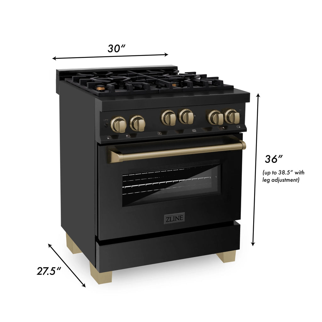 ZLINE 30" 4 Piece Black Range, Range Hood, Dishwasher &amp; Refrigerator