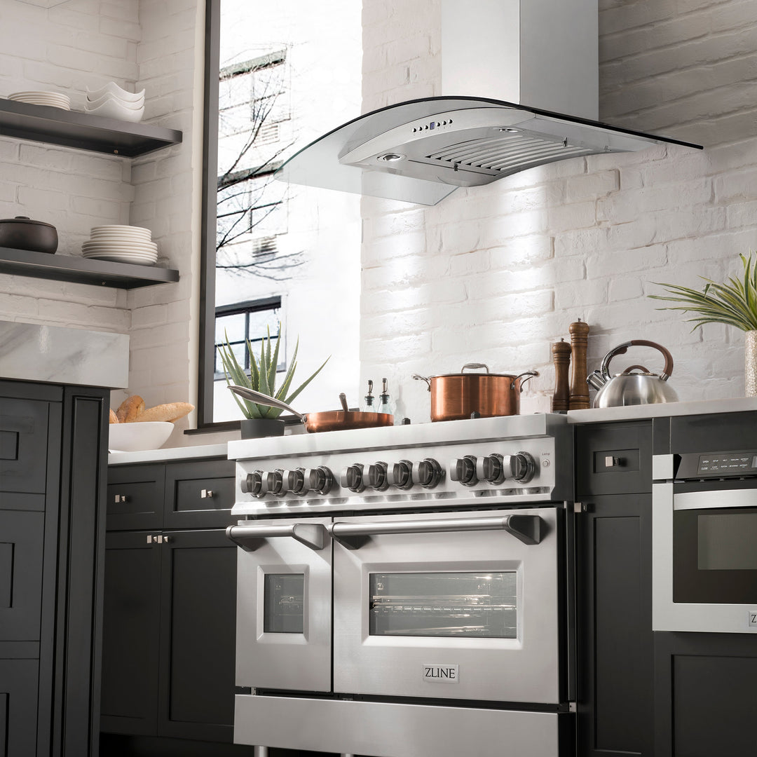 48" ZLINE CrownSound™Ducted Vent Wall Mount Range Hood in Stainless Steel with Built-in Bluetooth Speakers (KN4CRN-BT-48)