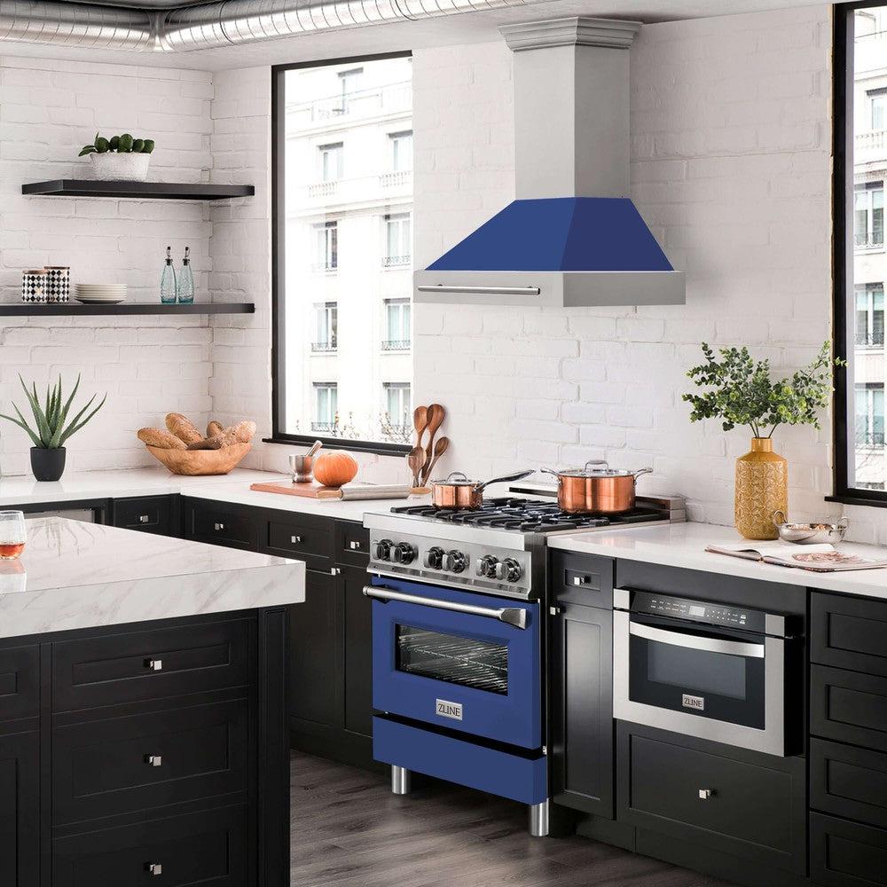 ZLINE 30 in. Stainless Steel Range Hood with Blue Matte Shell and Stainless Steel Handle (8654STX-BM-30)