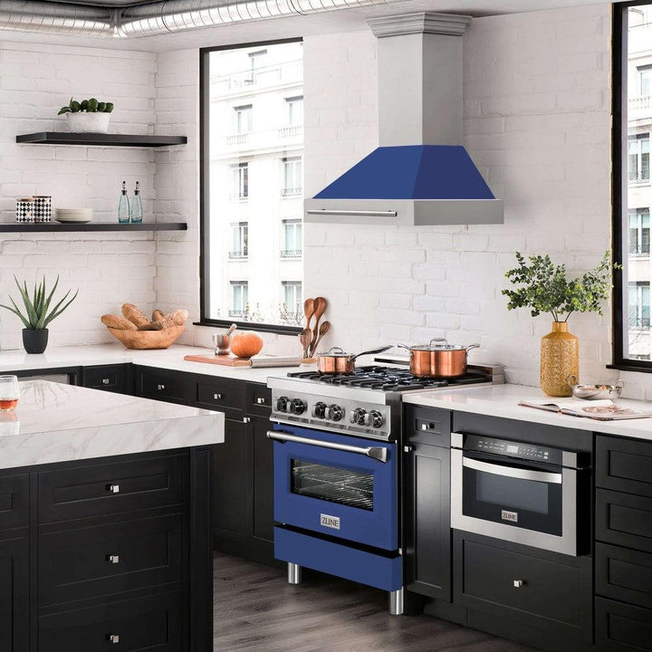 ZLINE 30 in. Stainless Steel Range Hood with Blue Matte Shell and Stainless Steel Handle (8654STX-BM-30)