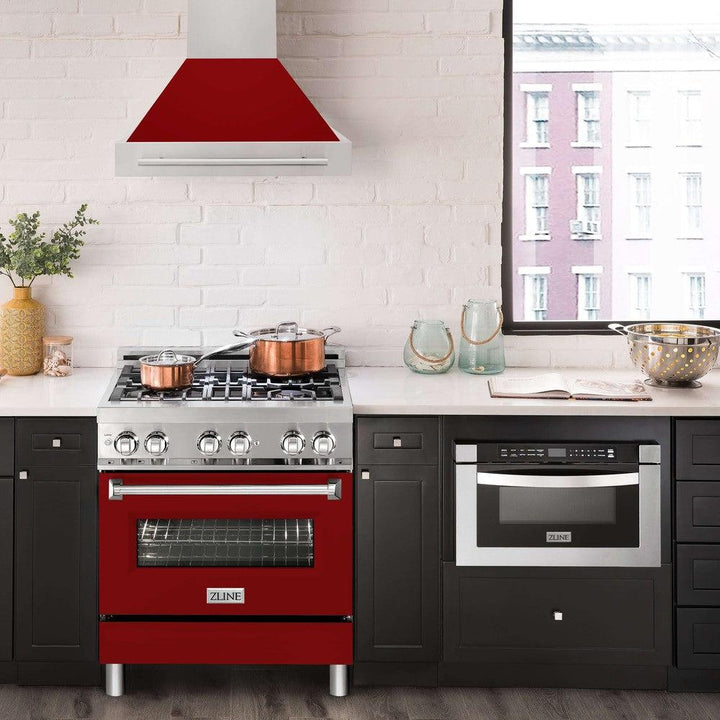 ZLINE 30 in. Stainless Steel Range Hood with Red Gloss Shell and Stainless Steel Handle (8654STX-RG-30)