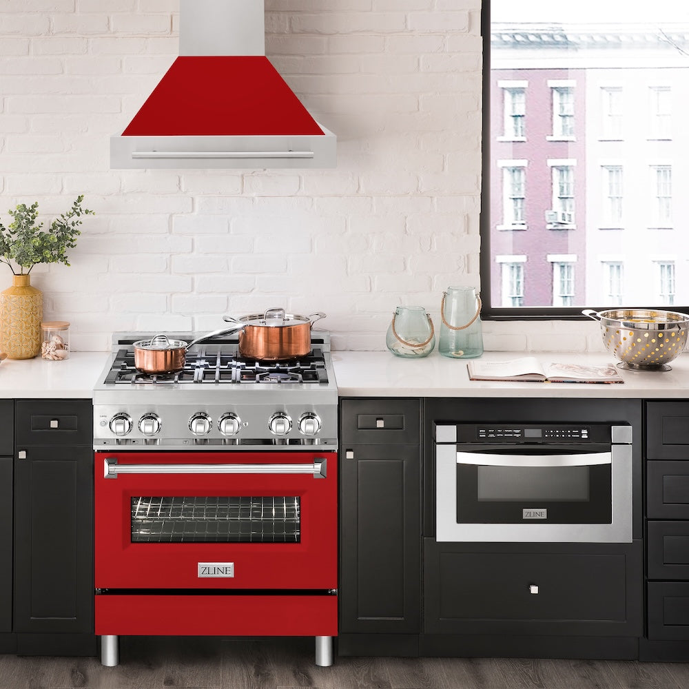 ZLINE 30 in. Stainless Steel Range Hood with Red Matte Shell and Stainless Steel Handle (8654STX-RM-30)
