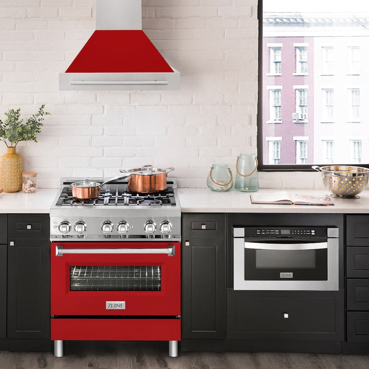 ZLINE 30 in. Stainless Steel Range Hood with Red Matte Shell and Stainless Steel Handle (8654STX-RM-30)