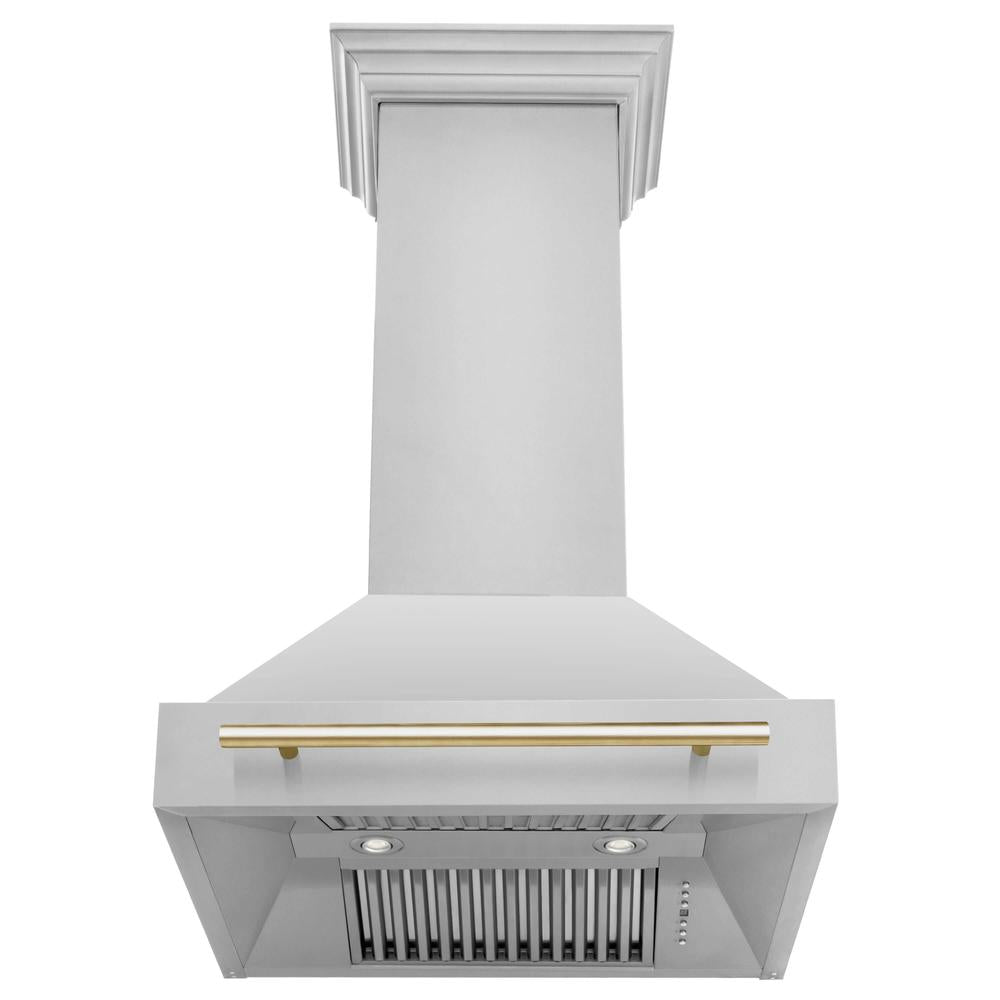 ZLINE Autograph Edition 30 in. Kitchen Package with Stainless Steel Dual Fuel Range, Range Hood, Dishwasher, and Refrigerator with External Water Dispenser with Polished Gold Accents (4AKPR-RARHDWM30-G)