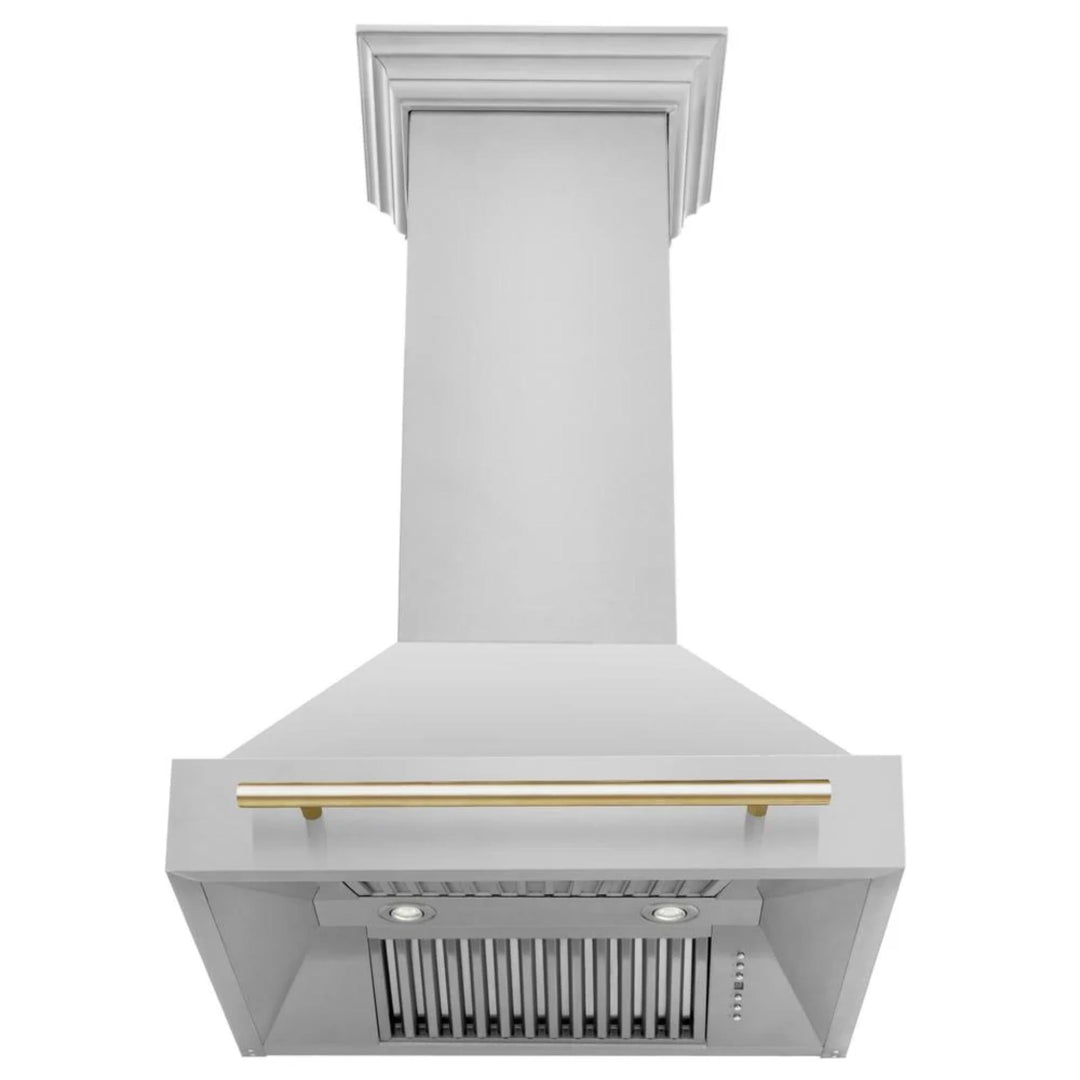 ZLINE Autograph Edition 30", 36", &amp; 48" Stainless Steel 4-Piece Kitchen Package with Polished Gold Accents—Dual Fuel Range, Wall Mount Range Hood, Dishwasher, and Refrigerator