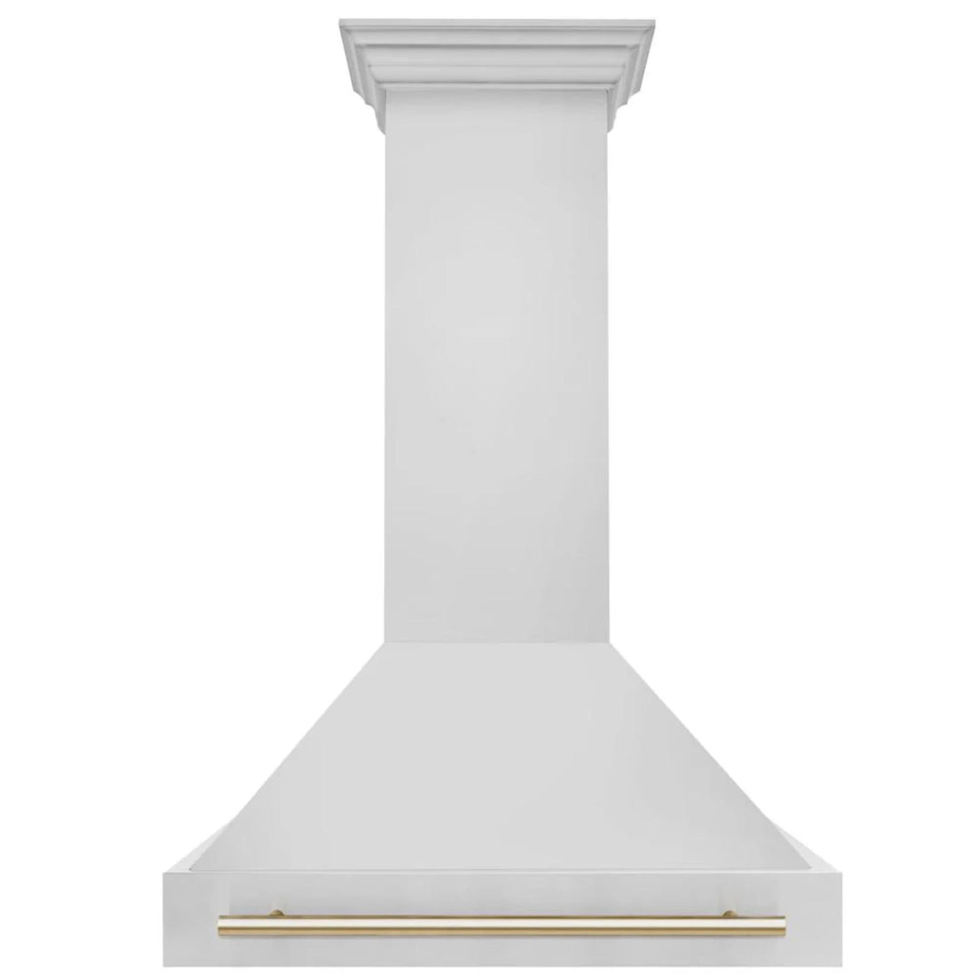 ZLINE Autograph Edition 30", 36", &amp; 48" Stainless Steel 4-Piece Kitchen Package with Polished Gold Accents—Dual Fuel Range, Wall Mount Range Hood, Dishwasher, and Refrigerator.
