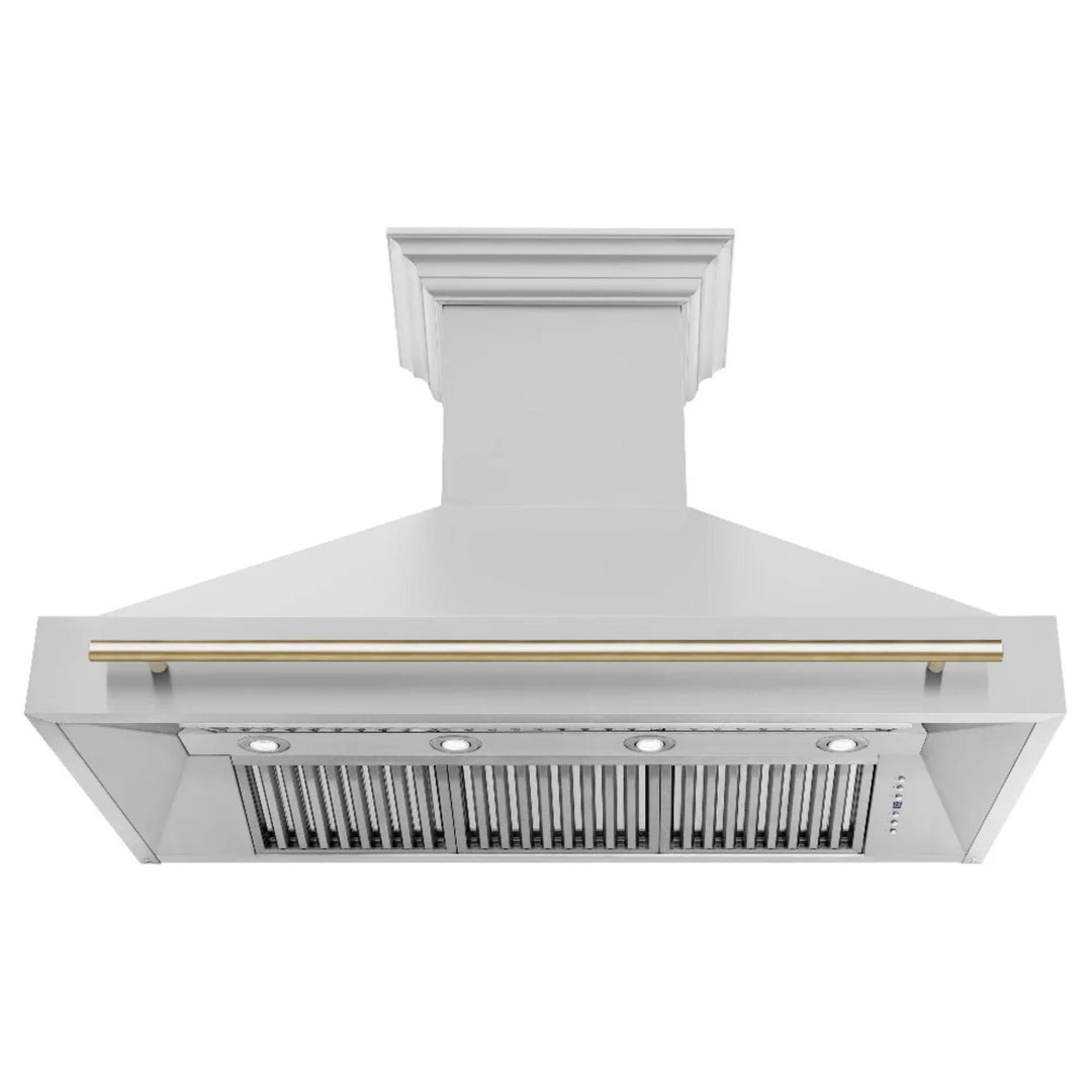 ZLINE Autograph Edition 30", 36", &amp; 48" Stainless Steel 4-Piece Kitchen Package with Polished Gold Accents—Dual Fuel Range, Wall Mount Range Hood, Dishwasher, and Refrigerator
