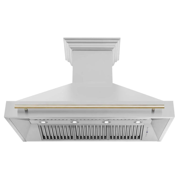 ZLINE Autograph Edition 30", 36", &amp; 48" Stainless Steel 4-Piece Kitchen Package with Polished Gold Accents—Dual Fuel Range, Wall Mount Range Hood, Dishwasher, and Refrigerator.