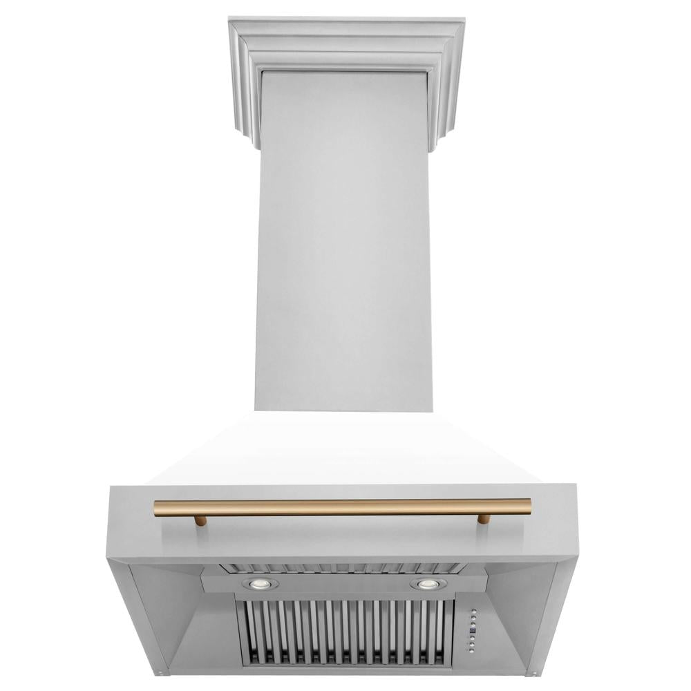 ZLINE Autograph Edition 30 in. Kitchen Package with Stainless Steel Dual Fuel Range with White Matte Door, Range Hood and Dishwasher with Champagne Bronze Accents (3AKP-RAWMRHDWM30-CB)