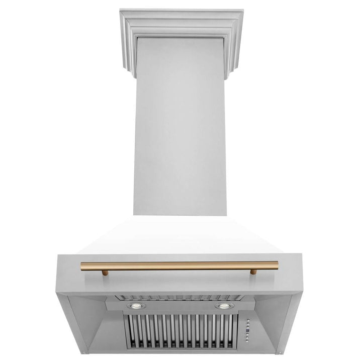 ZLINE Autograph Edition 30 in. Kitchen Package with Stainless Steel Dual Fuel Range with White Matte Door, Range Hood and Dishwasher with Champagne Bronze Accents (3AKP-RAWMRHDWM30-CB)