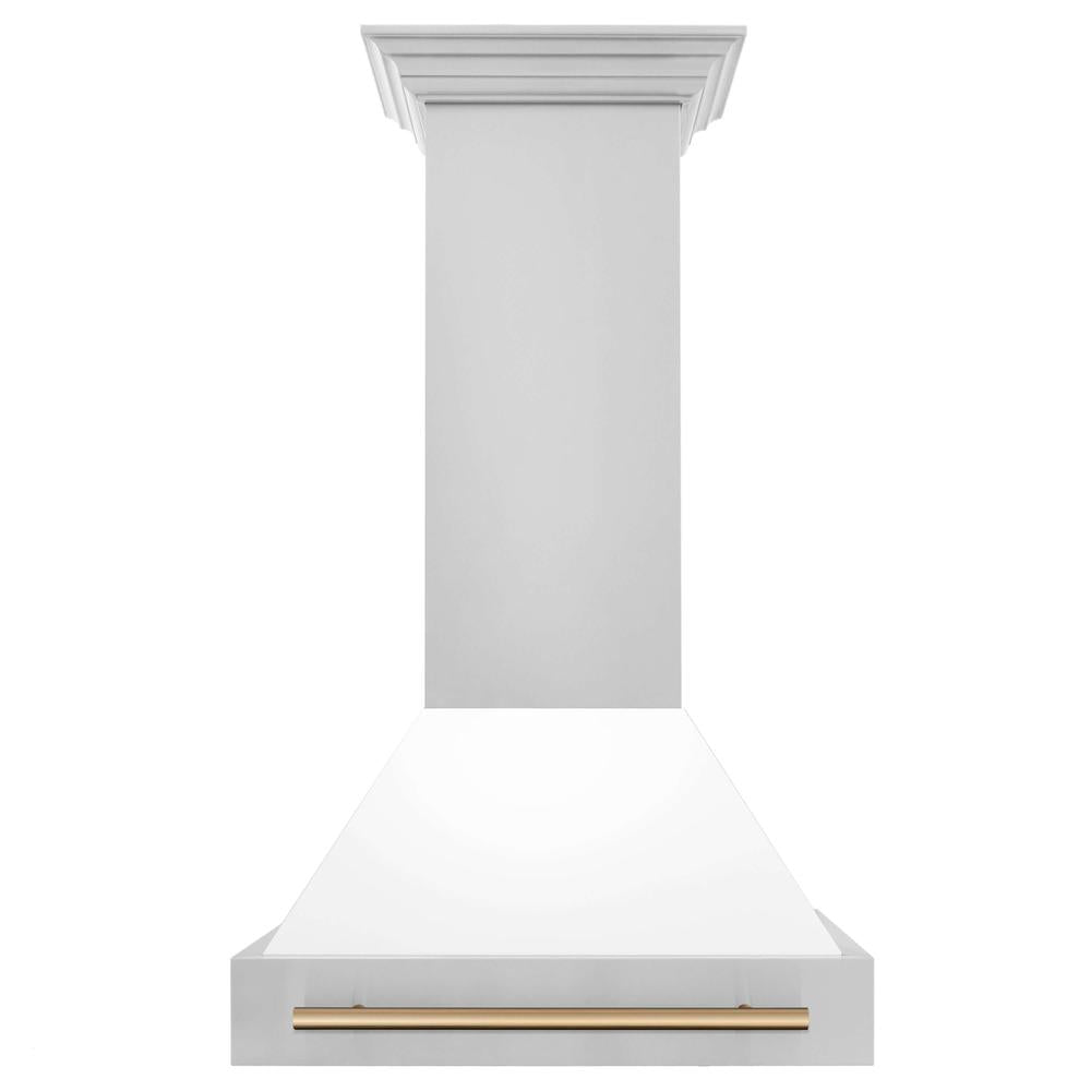 ZLINE Autograph Edition 30 in. Kitchen Package with Stainless Steel Dual Fuel Range with White Matte Door and Range Hood with Champagne Bronze Accents (2AKP-RAWMRH30-CB)