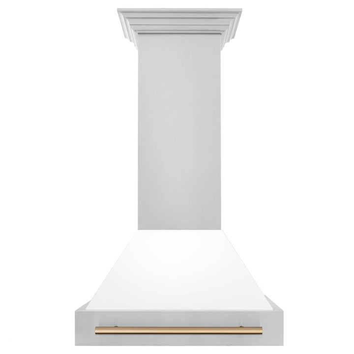 ZLINE Autograph Edition 30 in. Kitchen Package with Stainless Steel Dual Fuel Range with White Matte Door and Range Hood with Champagne Bronze Accents (2AKP-RAWMRH30-CB)