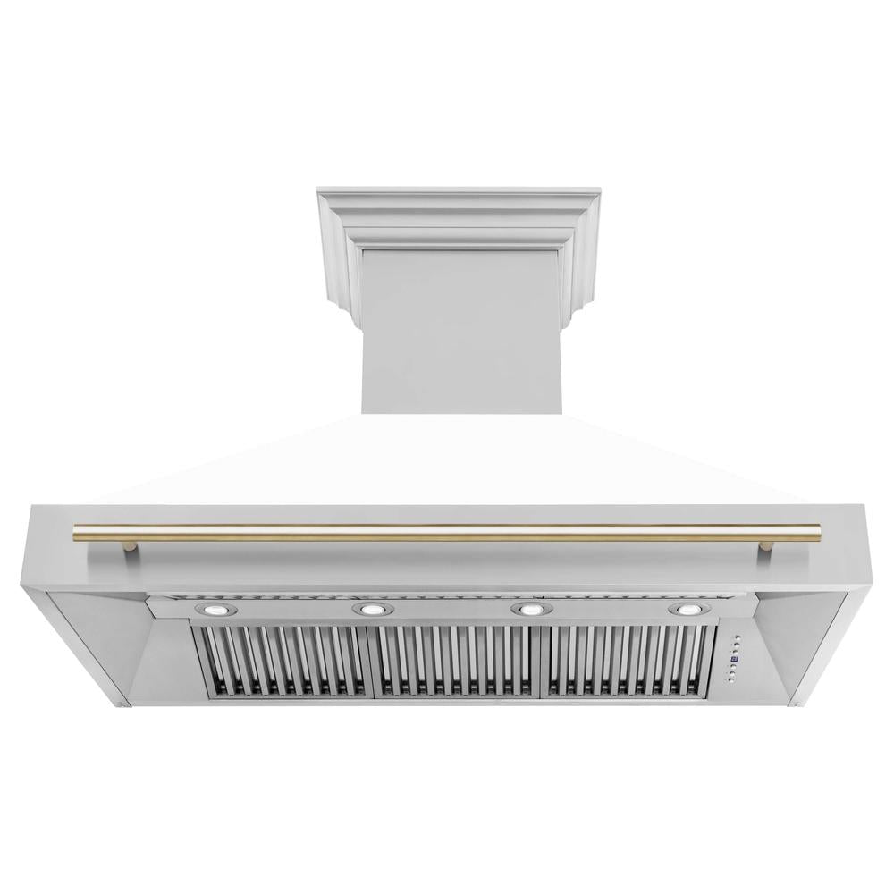 ZLINE Autograph Edition 48 in. Kitchen Package with Stainless Steel Dual Fuel Range with White Matte Door and Range Hood with Polished Gold Accents (2AKP-RAWMRH48-G)