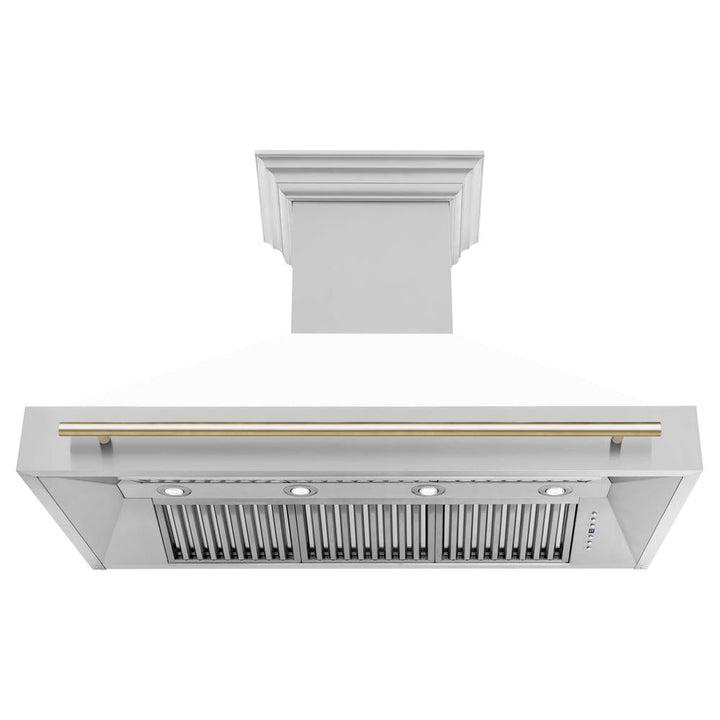 ZLINE Autograph Edition 48 in. Kitchen Package with Stainless Steel Dual Fuel Range with White Matte Door and Range Hood with Polished Gold Accents (2AKP-RAWMRH48-G)