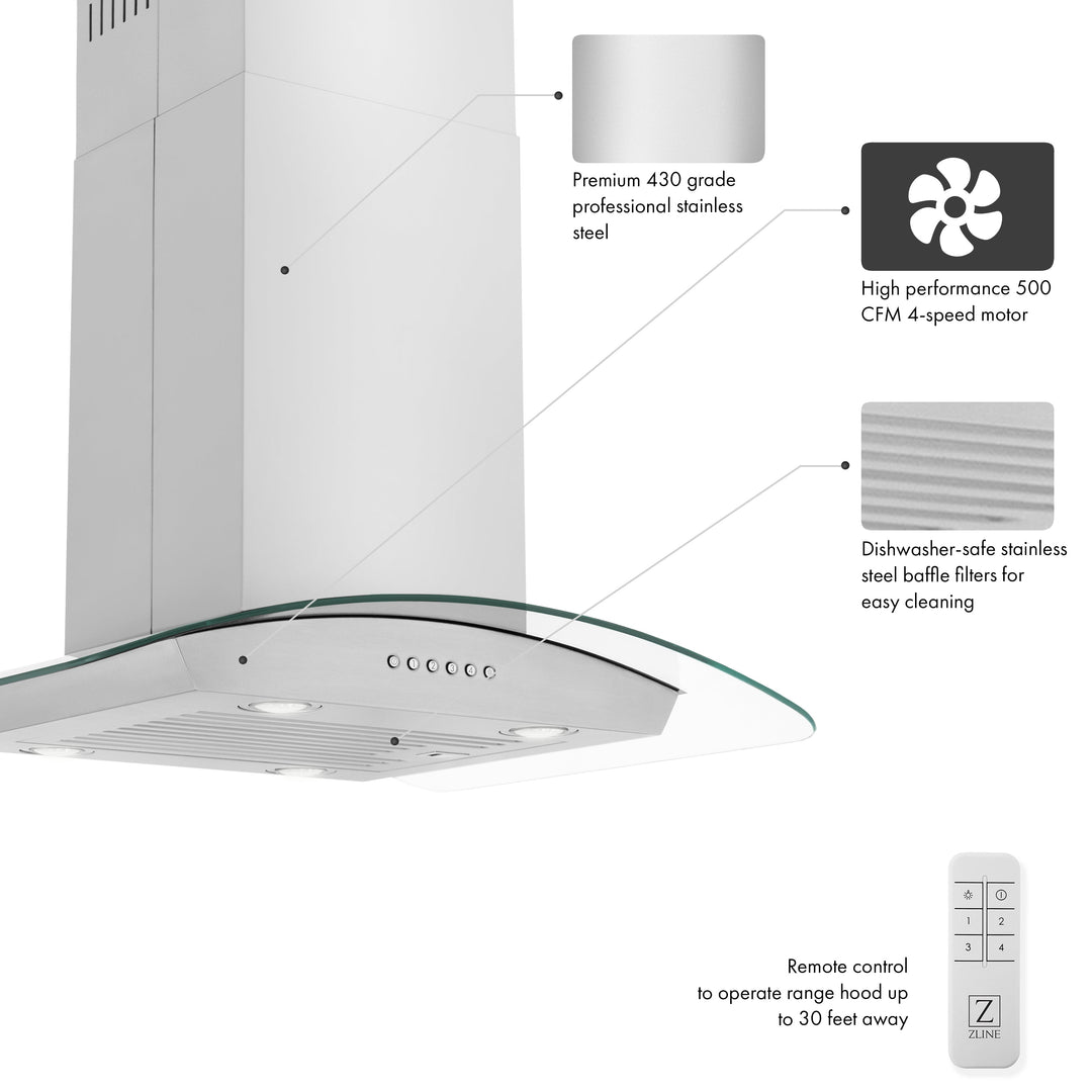 ZLINE 30” Alpine Series Convertible Island Mount Range Hood in Stainless Steel with Remote Control, LED lighting, and Dishwasher-Safe Baffle Filters (ALP70IS-30)