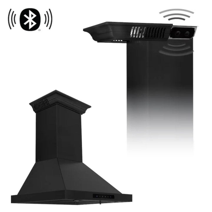 ZLINE Black Stainless Steel Wall Mount Range Hood with CrownSound Bluetooth Speakers (BSKBNCRN-BT)