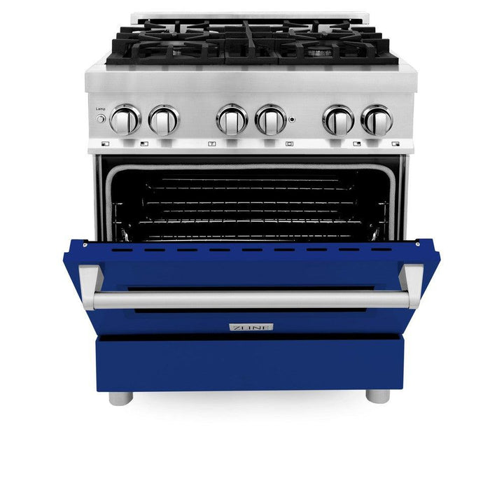 ZLINE 30 in. 4.0 cu. ft. Legacy Dual Fuel Range with 4 Burner Gas Cooktop and Electric Convection Oven in Stainless Steel and Blue Gloss Door (RA-BG-30)