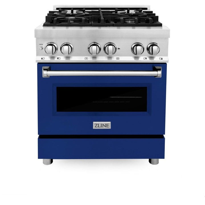 ZLINE 30 in. 4.0 cu. ft. Legacy Dual Fuel Range with 4 Burner Gas Cooktop and Electric Convection Oven in Stainless Steel and Blue Gloss Door (RA-BG-30)