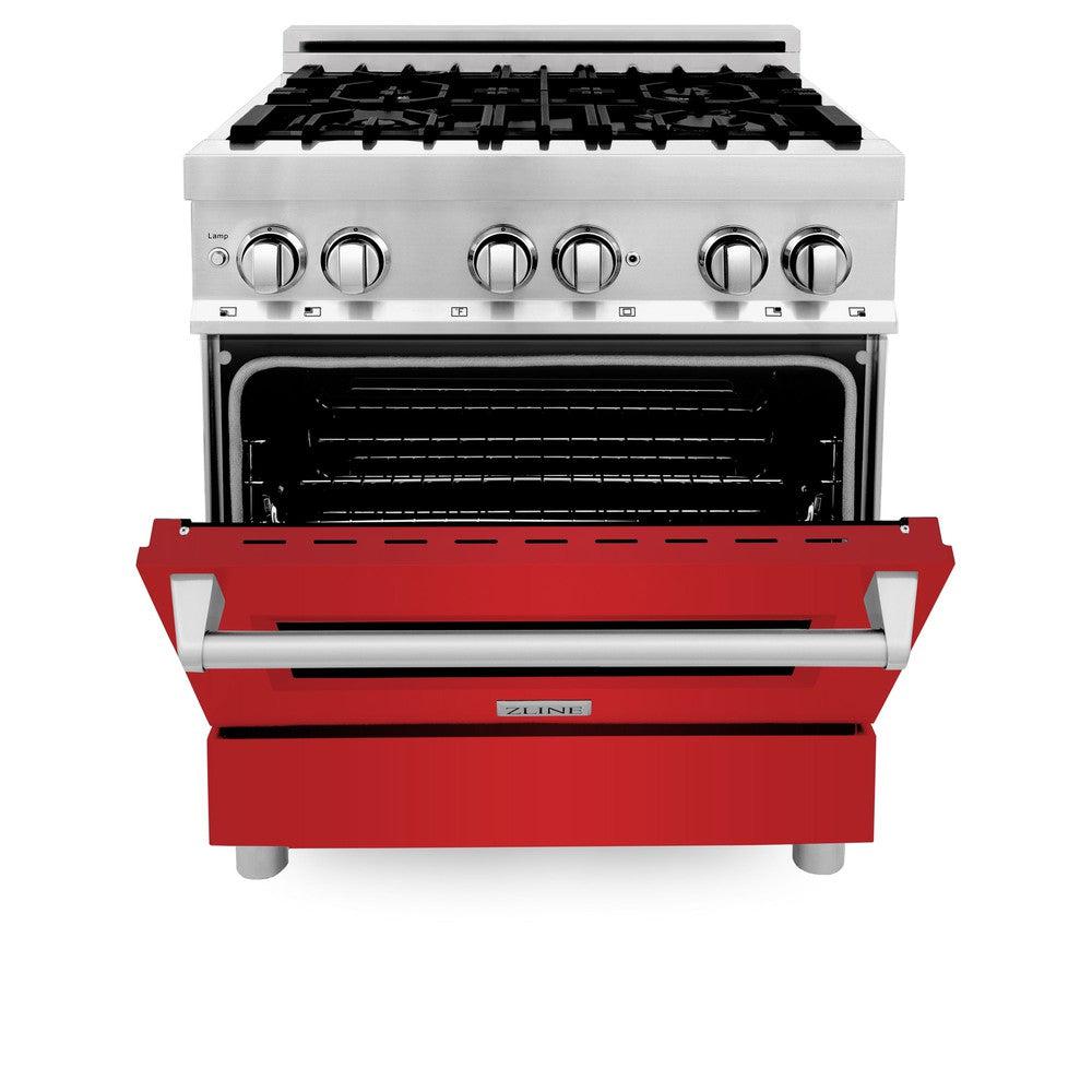 ZLINE 30 in. Kitchen Package with Stainless Steel Dual Fuel Range with Red Matte Door and Convertible Vent Range Hood (2KP-RARMRH30)
