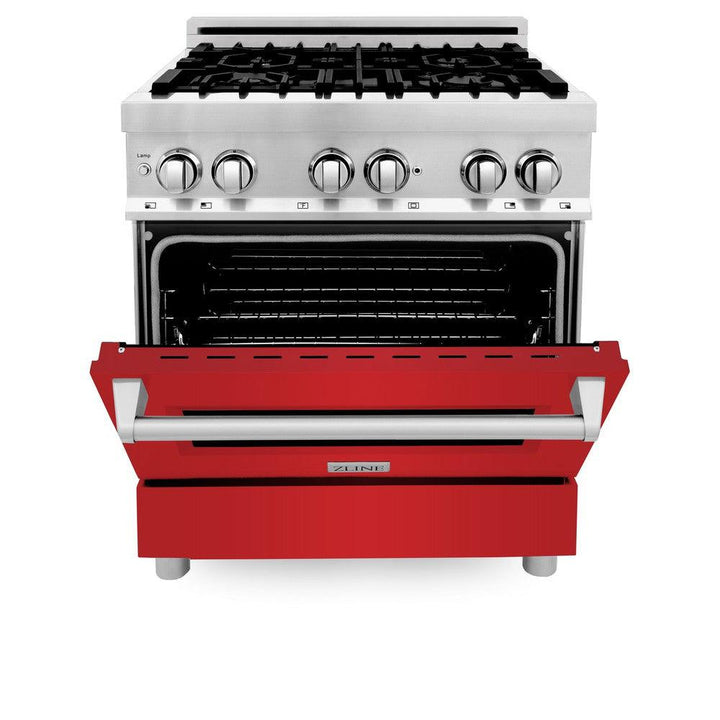 ZLINE 30 in. Kitchen Package with Stainless Steel Dual Fuel Range with Red Matte Door and Convertible Vent Range Hood (2KP-RARMRH30)