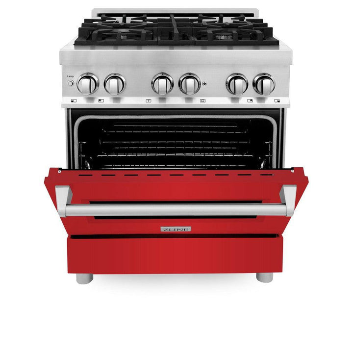 ZLINE 30 in. 4.0 cu. ft. Legacy Dual Fuel Range with 4 Burner Gas Cooktop and Electric Convection Oven in Stainless Steel and Red Matte Door (RA-RM-30)