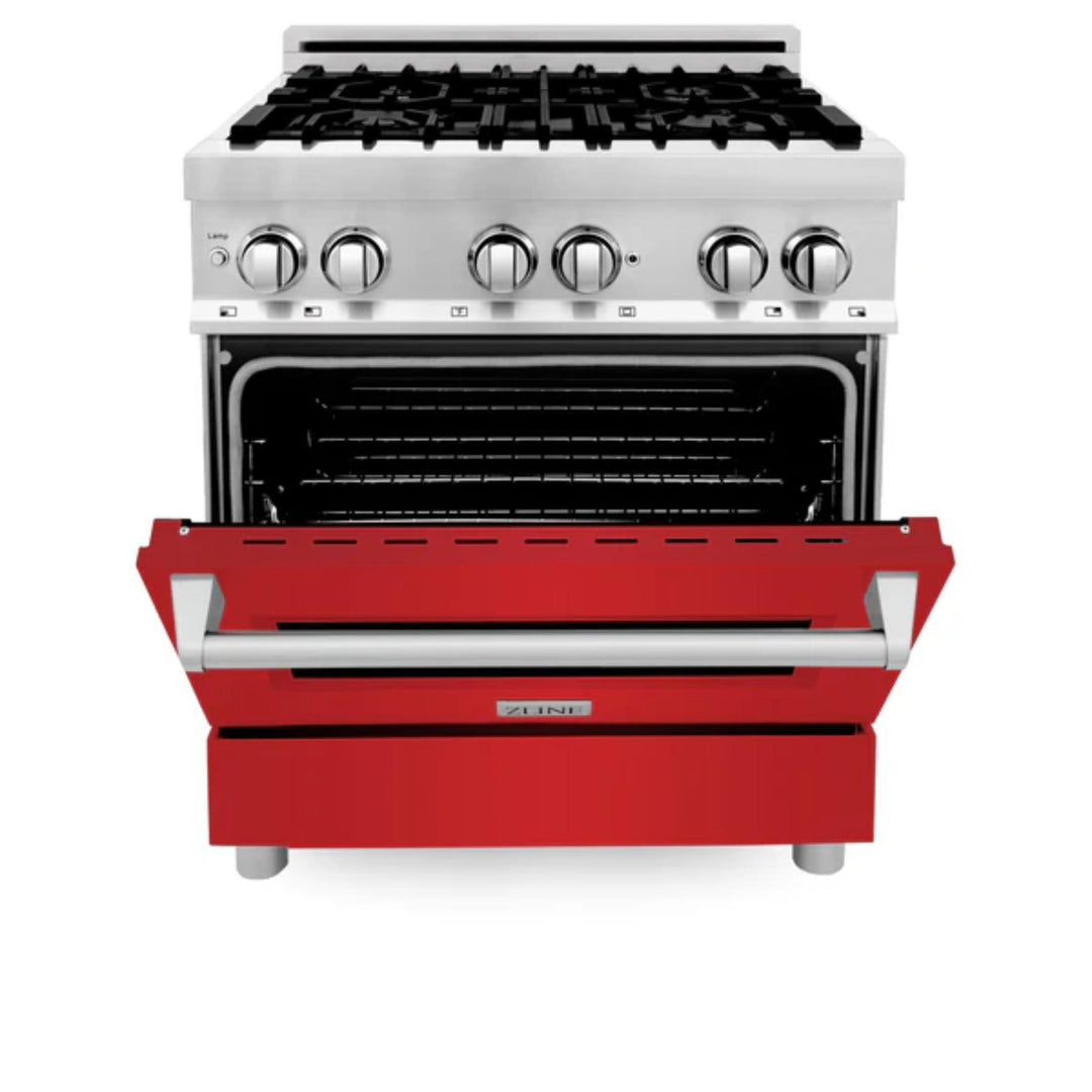 ZLINE 2-Piece Kitchen Package: Dual Fuel Range with Red Matte Door and Convertible Vent Range Hood (Models 2KP-RARMRH30, 2KP-RARMRH36, 2KP-RARMRH48)