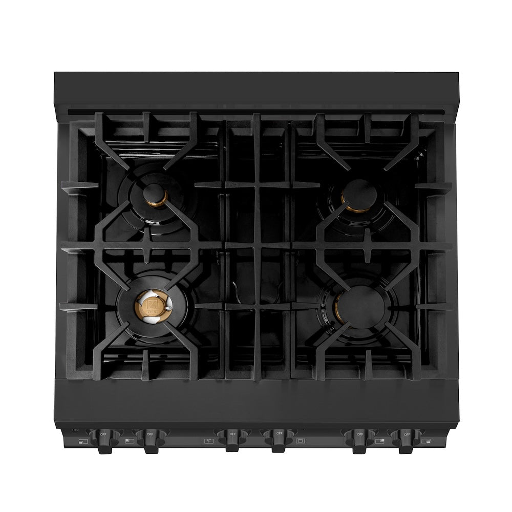 ZLINE 30 in. 4.0 cu. ft. Legacy Dual Fuel Range with Gas Cooktop and Electric Convection Oven in Black Stainless Steel with 4 Brass Burners, Open Box-Excellent Condition